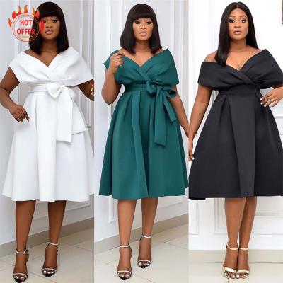 China New Design African Anti-wrinkle TY20861 Solid Color Plus Size Off The Shoulder Big Edge Short Sleeves Ladies Strapless Party Dress for sale