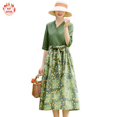 China 2021 Summer Women's Vintage Loose V-Neckline Midi Length Dress Anti-Static Printed Emerald Green Casual Linen Shirt Elegant Dress for sale