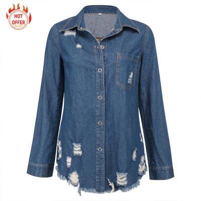 China Autumn Anti-wrinkle Women's Long Sleeve Solid Color Irregular Single Breasted Ripped Denim Jacket for sale