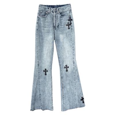 China OEM Sustainable Factories High Waist Denim Flared Leg Jeans With Cross for sale