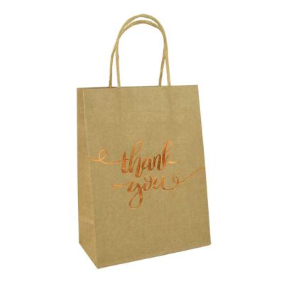 China Recyclable Retail Brown Kraft Bags Logo Gold Hot Stamping Packaging Clothing Apparel Shoes Shopping Thank You Bag for sale