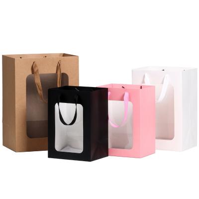 China Factory Wholesale Custom Logo Paper Gift Bags Recyclable With Transparent Window Packaging Kraft Paper Bag for sale