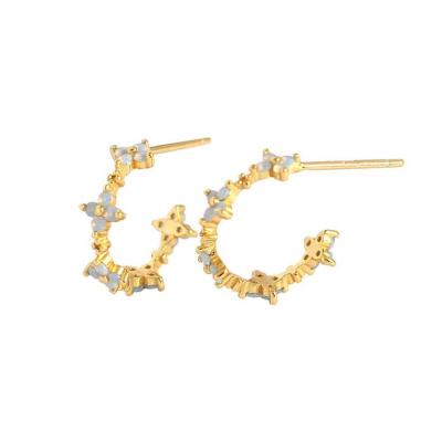 China Fashionable Sweet CZ Four Leaf Clover Cute Girl Summer Spring Flower C Shaped Stud Gold Plated 925 Sterling Silver Hoop Earrings for sale