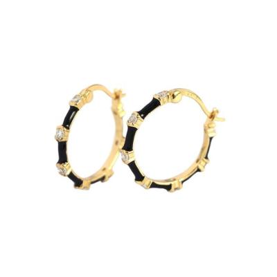 China Cute Female Jewelry 925 Sterling Silver Solid Fashion Colorful Oil Drop Colored Blue Black Diamond Enamel Gold Bamboo Hoop Earrings for sale