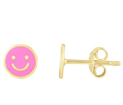 China Cute Minimal Colorful Pink Enamel Smiley Face Stud Earrings Happy Girls Women Gold Tarnish Free Fashion Stainless Steel Jewelry for sale