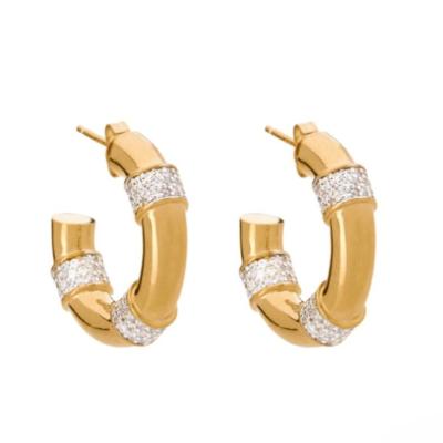 China Women Jewelry CLASSIC Trendy Thick Stainless Steel CZ Zircon Pave Diamond 18k Gold Plated Circle Bamboo Earrings for sale