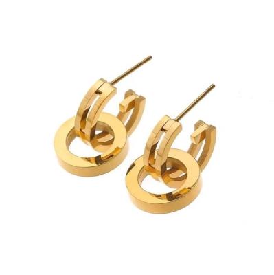 China Wholesale CLASSIC Chunky Stainless Steel PVD Gold Plated Double Two Hoops Wide Thick Women Two Linked Hoop Earrings for sale