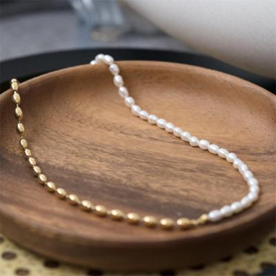 China CLASSIC Tasty Pearl Design Half Gold Plated Stainless Steel Beaded Necklace Layering Two Tone Necklace Women Handmade Jewelry for sale