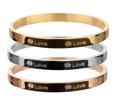 China CLASSIC Stainless Steel Fashion Brand Jewelry Tarnish Free Engraved Open Love Clover Bangle Bracelets 18k Gold Plated for sale