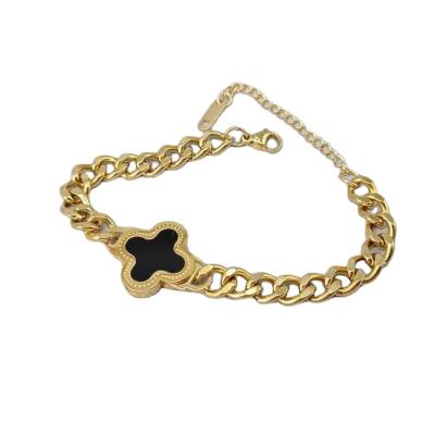 China Luxury CLASSIC Stainless Steel Women Jewelry 18K Gold Plated Hip Hop No Tarnish Fade Bracelet Cuban Link Chain Clover Ever for sale