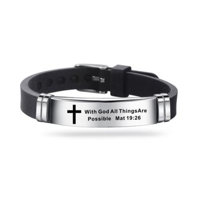 China New Design Bible Verse Bracelets Mens Silicone Wristband Casual/Sporting Bible Prayer Quotes Christian Prayer Cross Bracelet Engraved Statement for sale