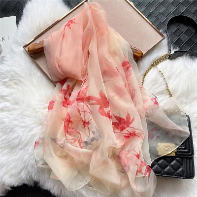 China Long Fashion Maple Leaf Print Silk Scarves 145*180 Crimping Big Size Scarves Silk for Women Spring Daily Silk Scarf for sale