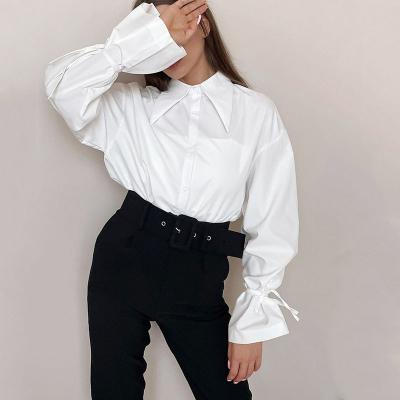 China Breathable Stylish Design Loose Fit Shirts For Women Tops And Blouses Sleeveless Shirts Tied For Women 100% Causal White Cotton Blank Shirts for sale