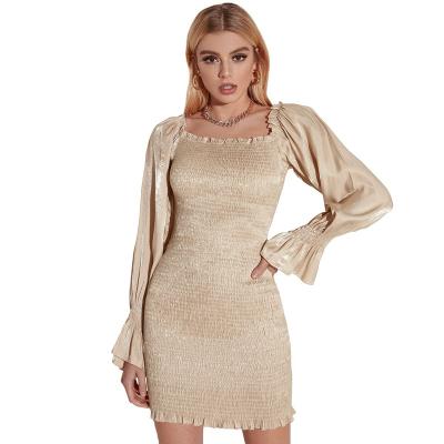 China Fashion 2021 breathable shinny cute dresses for women sparkle long sleeve ruffle shoulder summer dress elegant casual dresses wholesale for sale