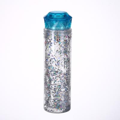 China Wholesale 600ML Sustainable Double Wall Glitter Plastic Water Bottle With Diamond Lid for sale