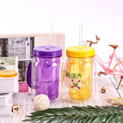 China Viable Wholesale Plastic Mason Jar With Lid And Straw, BPA Free Double Wall Plastic Tumbler Mason Jar With Handle for sale