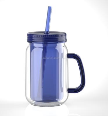 China Sustainable Wholesale Food Grade Plastic Double Wall Tumbler Mason Jar With Handle for sale