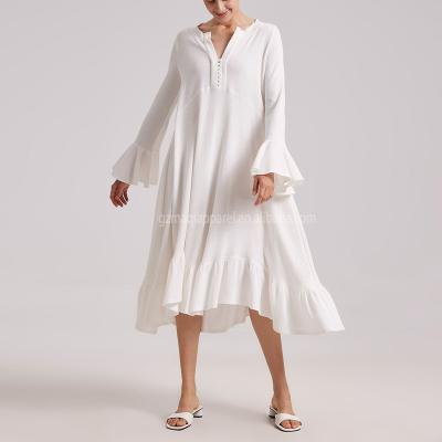 China New Arrival Anti-Static Women Summer Long Sleeve Dresses Evening V Neck High Waist Casual Chiffon White Party Dresses for sale