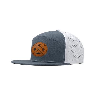 China Bill Outdoor Autumn Hat Mesh Snapback New Two Color Custom Patch Leather Logo 7 Panel Flat Cap Laser Hole Hat for sale