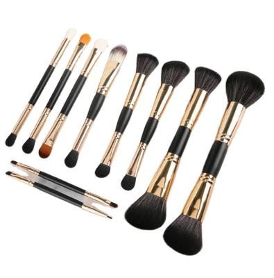 China Custom logo 10 wood handle+aluminum tube+man-made fiber wood rod gold tube foundation makeup brush black with pu bag dual head brush set for sale