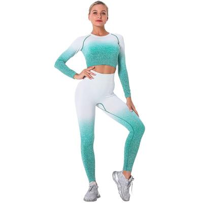 China Sweat-Wicking Dye Change Fitness Trend Yoga Seamless Knitting Progressive Hanging Suit Sports Two-Piece Set Gym Wear For Woman for sale