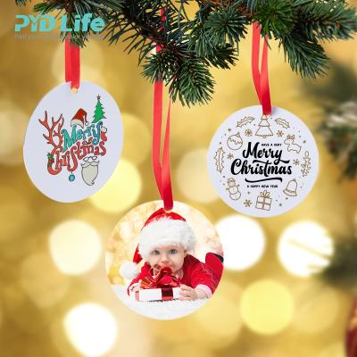 China DIY Sublimation Photo PYD Life RTS Sides 3 Inch Round Printable Aluminum Sublimation Christmas Custom Metal Ornaments With Red Ribbon for sale