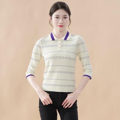 China 2021 Trendy Sweater Shirt Casual Three Quarter Sleeves Hit Color Lapel Fashion Soft Casual Summer Knit Sweater Top Women for sale