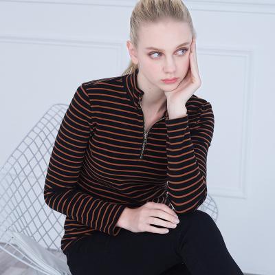 China Anti-wrinkle autumn and winter clothing plus outerwear half-high half-rise long-sleeved knitwear ladies stripe zipper velvet collar outer wear for sale