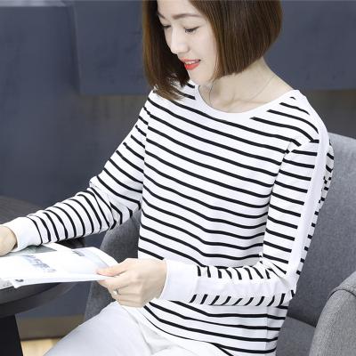 China Anti-wrinkle the latest design women blouse fashion material spandex loose striped soft ladies sweater long sleeve round neck for sale