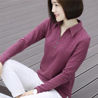 China New Design Anti-Wrinkle Fashion Woman Office Casual Cotton Ribbed Long Sleeve Cotton Polo Top Slim T-Shirts For Office Ladies for sale