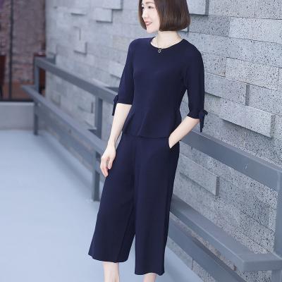 China Fengji Women's Solid Round Neck Lady's Breathable Blouse With Knit Five-Minute Sleeves Two-Piece Suit Casual Loose Wide Leg Pants for sale