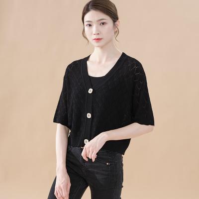 China 2021 V-Neck Fengji Early Spring Knitwear Anti-Wrinkle Coat Cardigan Hollow Out Five Sleeve Black Upper Middle Sleeve Women's Loose V-Neck Fall 2021 for sale