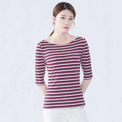 China Anti-Wrinkle Striped Bottoming Shirt Sleeve T-Shirt New Autumn Style Three Quarter Sleeves Outer Jacket Women's Single-Neck Cotton T-Shirt for sale