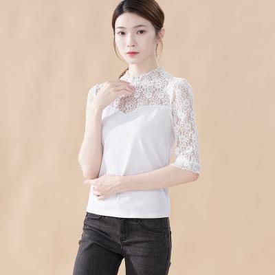 China 2021 New Autumn Anti-wrinkle white lace mid-sleeved half high tops black cotton three quarter sleeve T-shirt women's half collar for sale