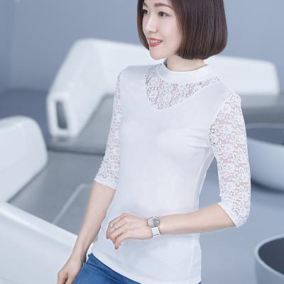 China Anti-Wrinkle Fit 3/4 Slim Sleeve T-shirt Fashion Lace Pattern Women's Half High Neck Top Pullover for sale