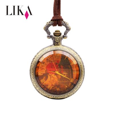 China Men Women Pocket Watch LIKA Round Shape Pocket Watch Bronze Glass Necklace Flower Bell Card Flower Quartz Printing Antique Pocket Watch For Gift for sale