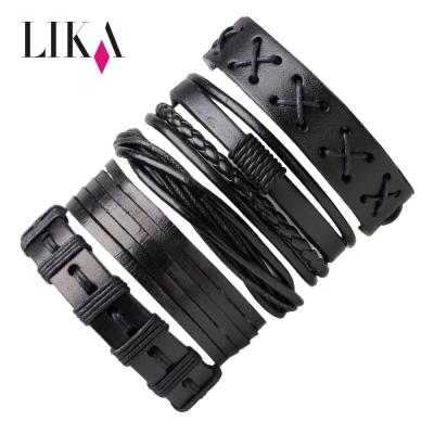 China Wholesale Metal Clasp Bracelet LIKA Multilayer Charm PU 5Pcs Custom Adjustable Rope Braided Bracelets Leather Set for sale