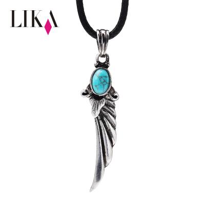 China LIKA Popular Vintage Alloy Turquoise Angel Wing Silver Wax Rope Pendant Metal Wing Necklace Pendant Necklace For Men for sale