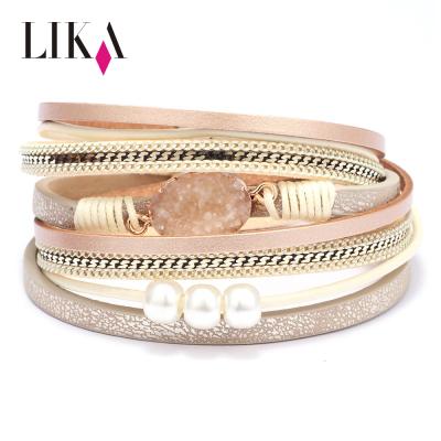 China LIKA Women Girls Magnetic Clasp PU Leather Multilayer Bracelet with Beads, Fashion Leather Bracelets for sale