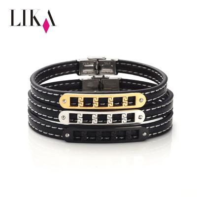 China Fashionable LIKA Wholesale Stainless Steel Buckle Band Men's Bracelet Fashion Magnetic Clasp Bracelet Leather TRENDY Band for sale