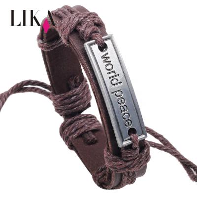 China Metal Clasp Bracelet LIKA Unisex Brown Wax Rope World Peace Alloy Engraved Leather Bracelet For National Adjustable Leather Bracelet for sale