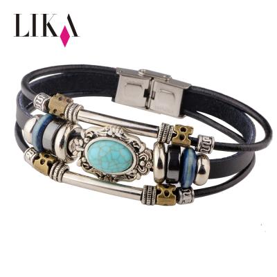 China Environmental Friendly LIKA Vintage Turquoise Stone Beaded Multilayer Leather Bracelet for sale