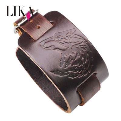 China Wholesale Fashion LIKA Fashion Adjustable Punk Rock Wolf Broadhead Engraved Genuine Leather Strap With Belt Buckle for sale