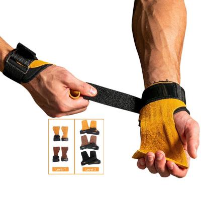 China Portable Cowhide Weightlifting Grips Palm Protection with Wrist Wraps for Gym Fitness Workout Exercise Training for sale