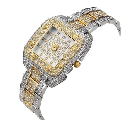 China New Day/Date 2021 Hip Hop Jewelry Iced Out Rhinestones Watch Dial Roman Numerals Watch Gold Square Face Quartz Watches Bracelet Half Diamond for sale