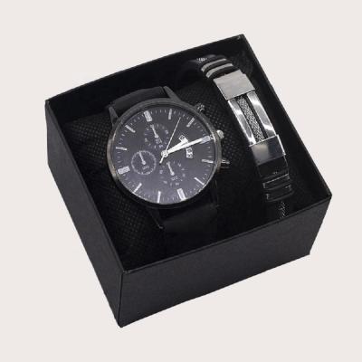 China Free Box 2Pcs Day/Date 6021 Men's Fashion Watch Quartz Leather Watch With One Strap Set for sale