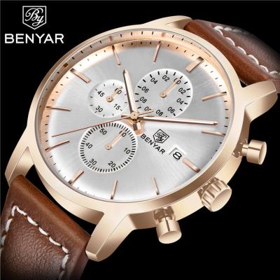 China New Brand Watches 2019 Mens Watches Water Resistant BENYAR BY-5146 Fashion Quartz Leather Top Casual Watch Men Military Chronograph Clock zegarek mesk for sale