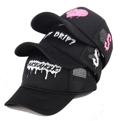 China Kids 3d Embroidery Checked Patch 5 Panel Black Mesh Foam Trucker Hat Custom Hat for sale