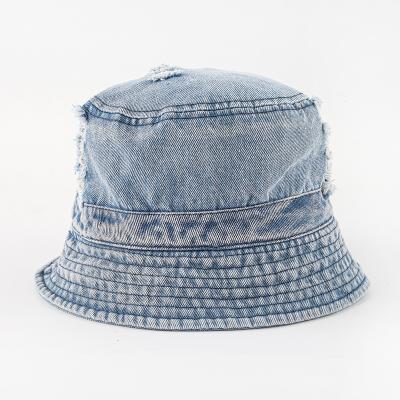 China Character Fashion Summer Sun Hat Washed Distressed Kids Denim Bucket Hat for sale