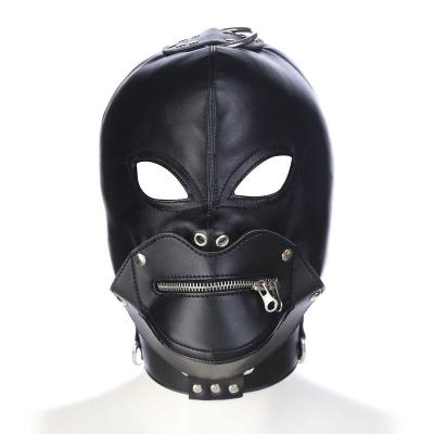 China Leather Padded Hood Open Mouth With Zipper Bondage Fetish Bondage Bondage Headgear Black SM Adult Bondage Sex Toys Flirt Toys for sale